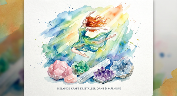 Watercolor of a dancing woman above crystals. Text: HELANDE KRAFT KRISTALLER DANS & MÅLNING.