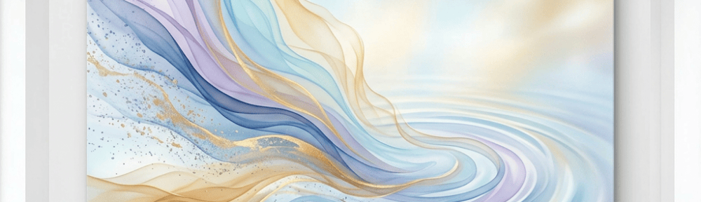 Abstract painting with flowing pastel ribbons, gold accents, and swirling blue shapes